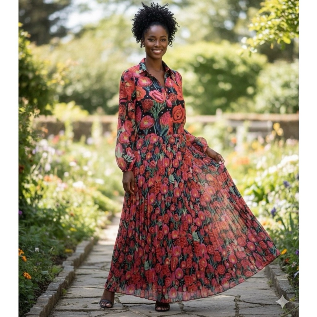 Nwt Farm Rio Anthropologie Pleated Maxi Dress L Large Garden Party Roses Red